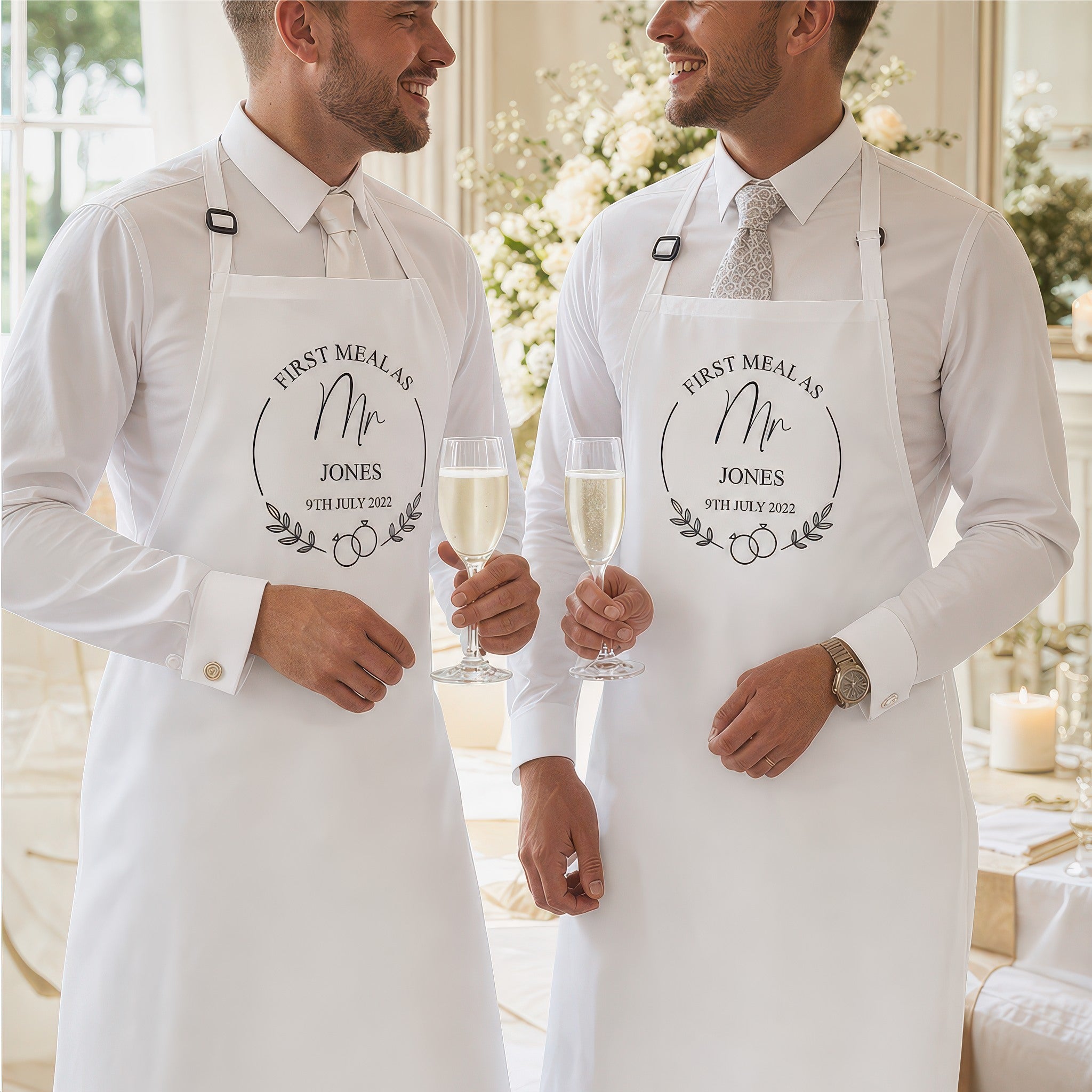 Personalised Mr and Mr wedding apron set lifestyle photo, First Meal framed design
