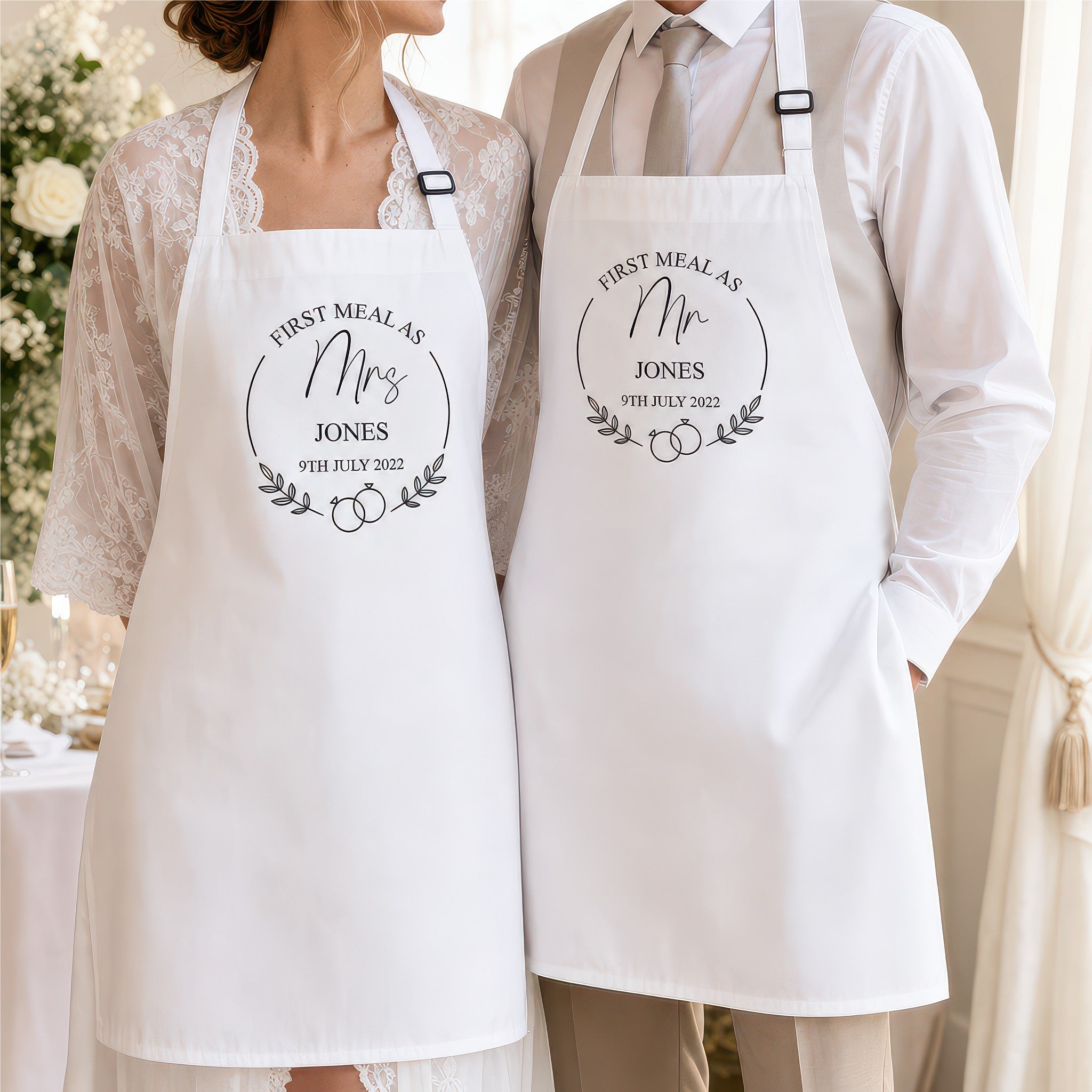 Personalised Mr and Mrs wedding apron set lifestyle photo, First Meal framed design
