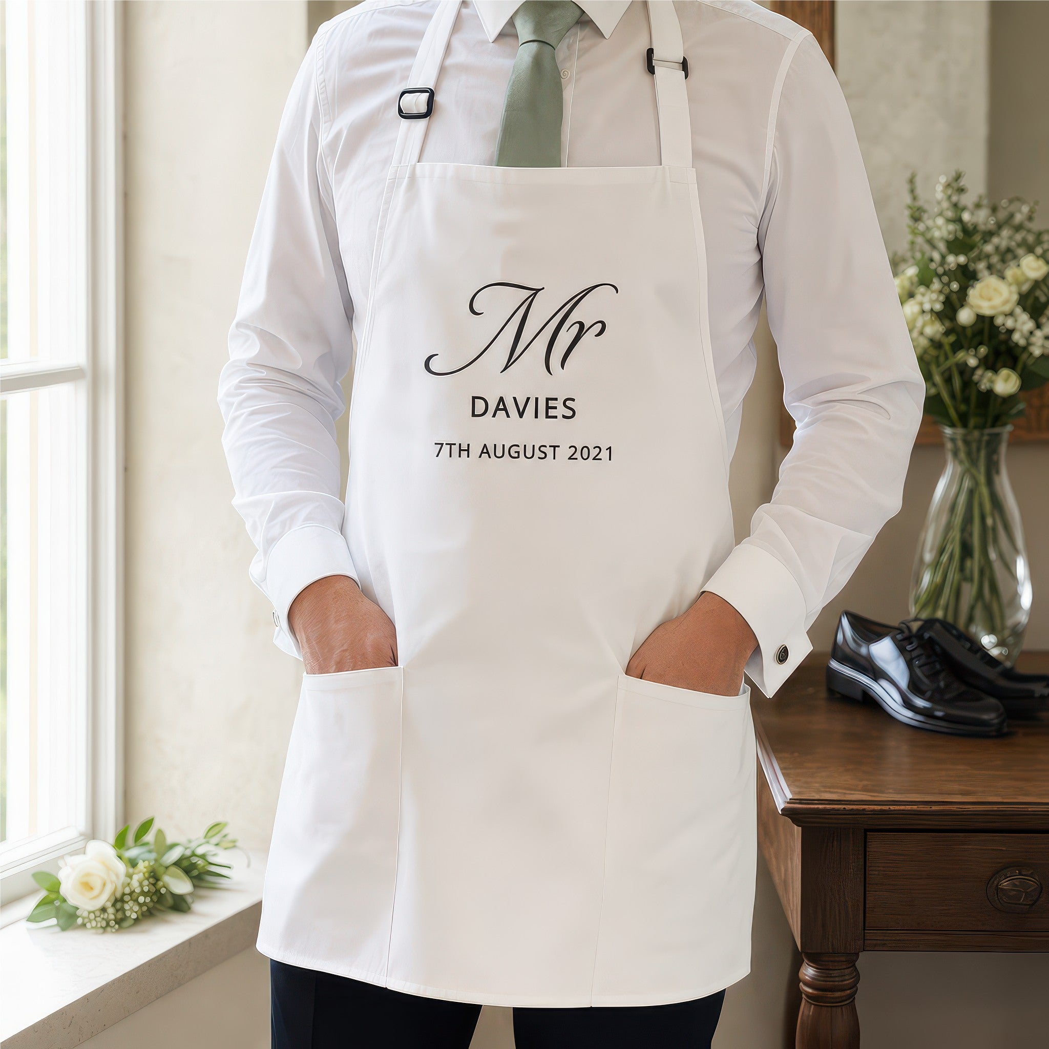 Personalised Mr wedding dress protector apron lifestyle photo, wedding cover up design