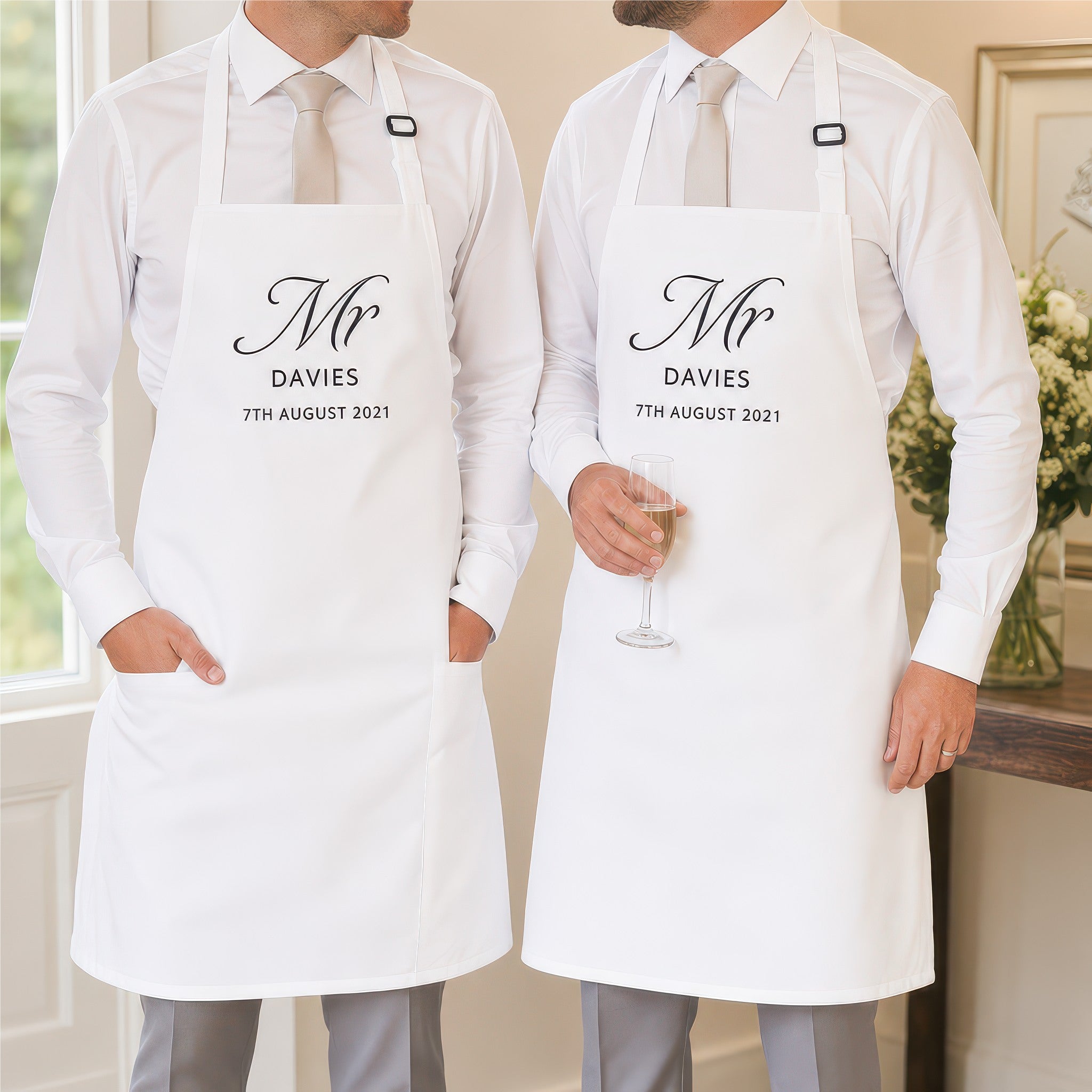 Personalised Mr and Mr wedding apron set lifestyle photo, wedding cover up design