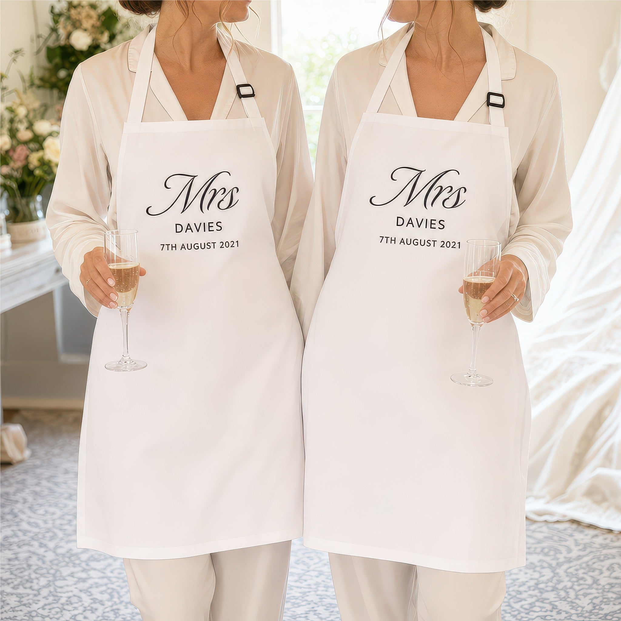 Personalised Mrs and Mrs wedding apron set lifestyle photo, wedding cover up design