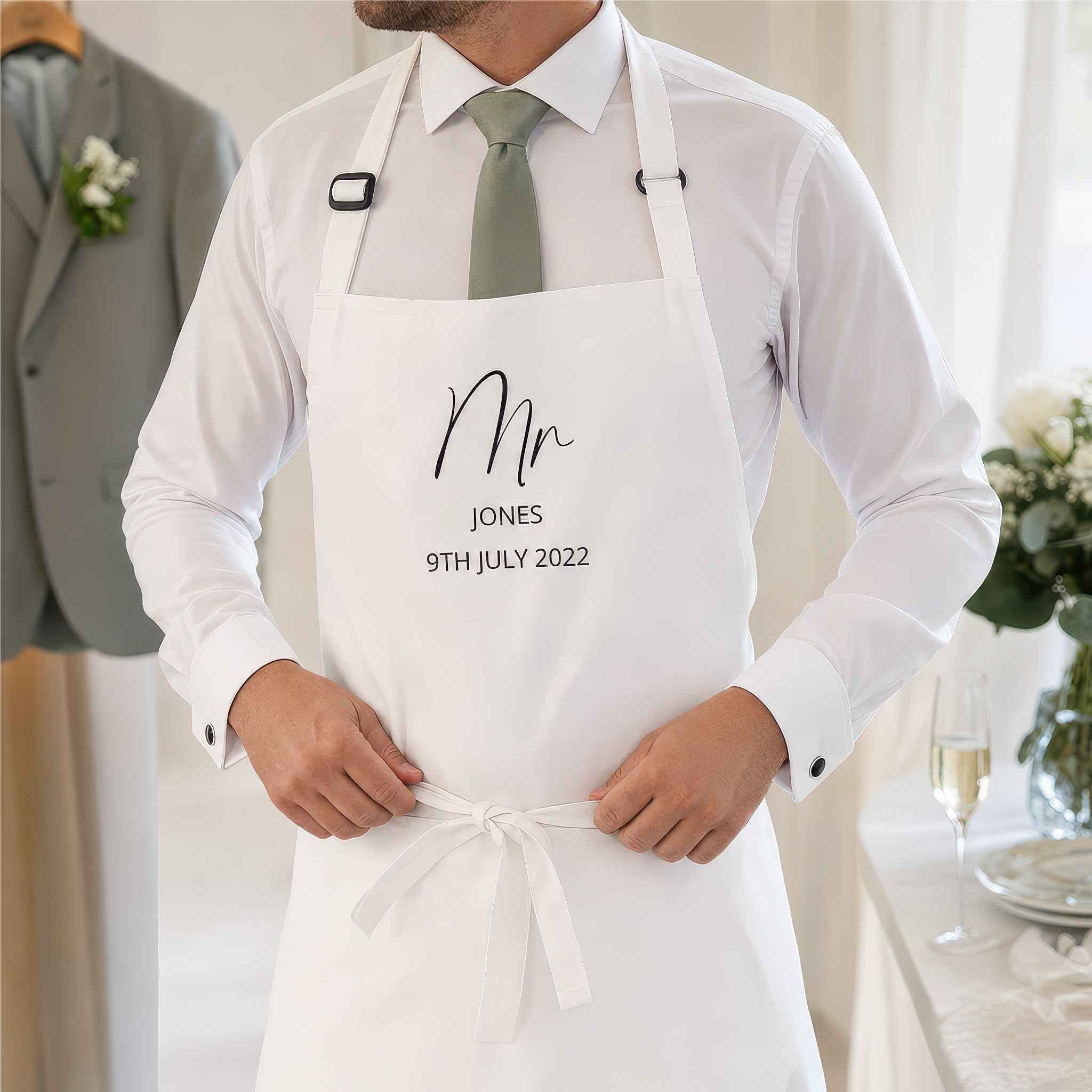 Personalised Mr wedding dress protector apron lifestyle photo, Mr and Mrs design