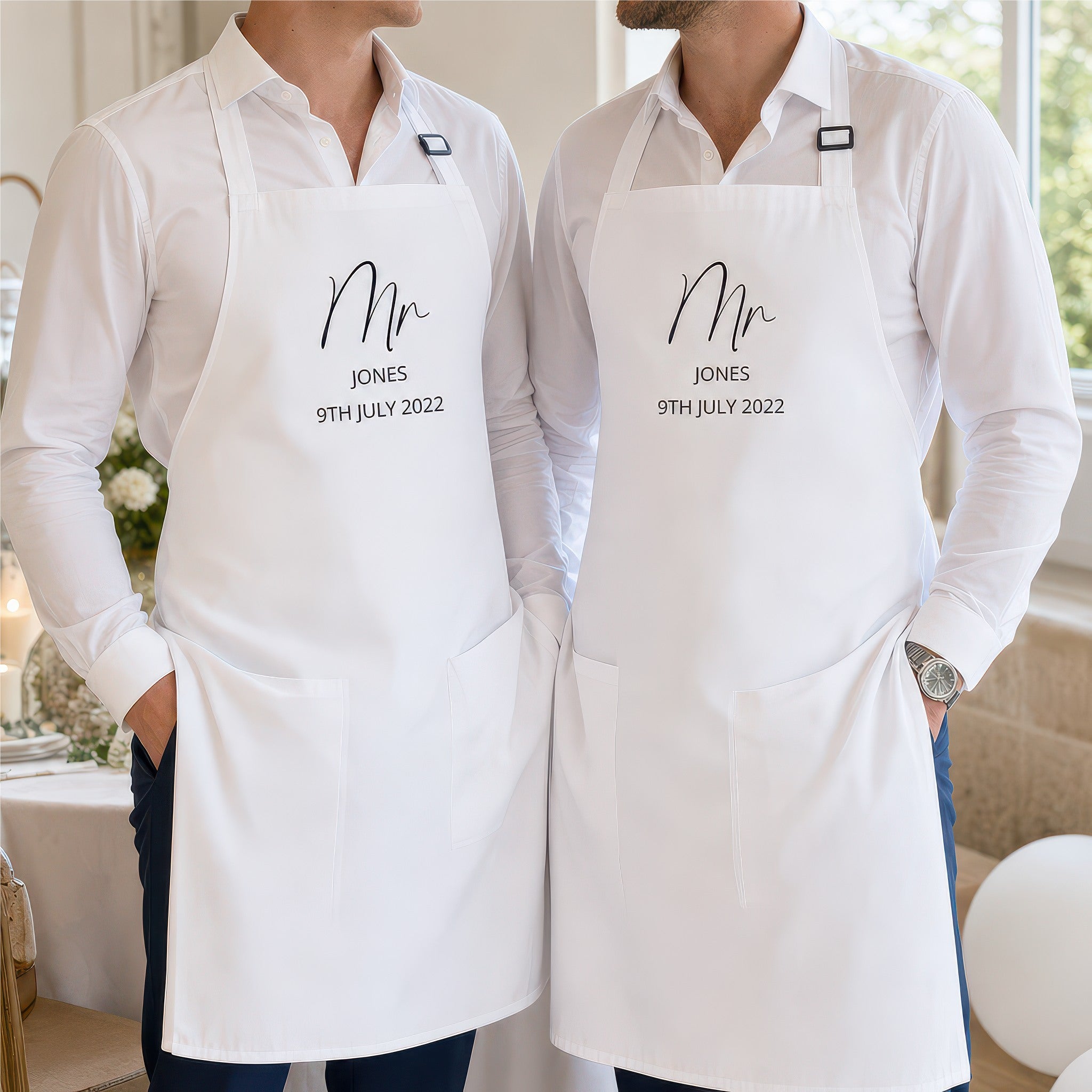 Personalised Mr and Mr wedding apron set lifestyle photo, Mr and Mrs design