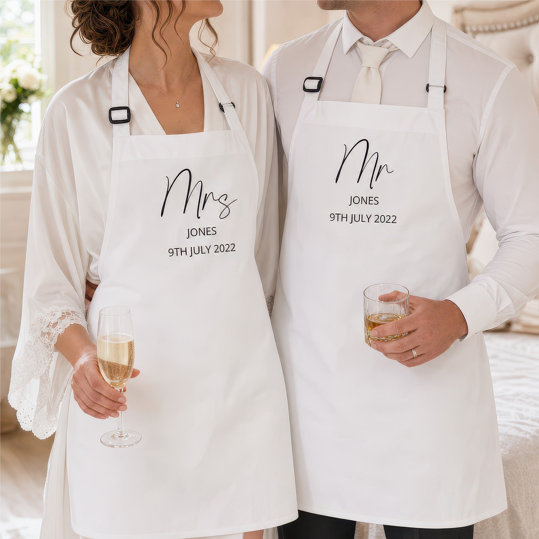 Personalised Mr and Mrs wedding apron set lifestyle photo, Mr and Mrs design