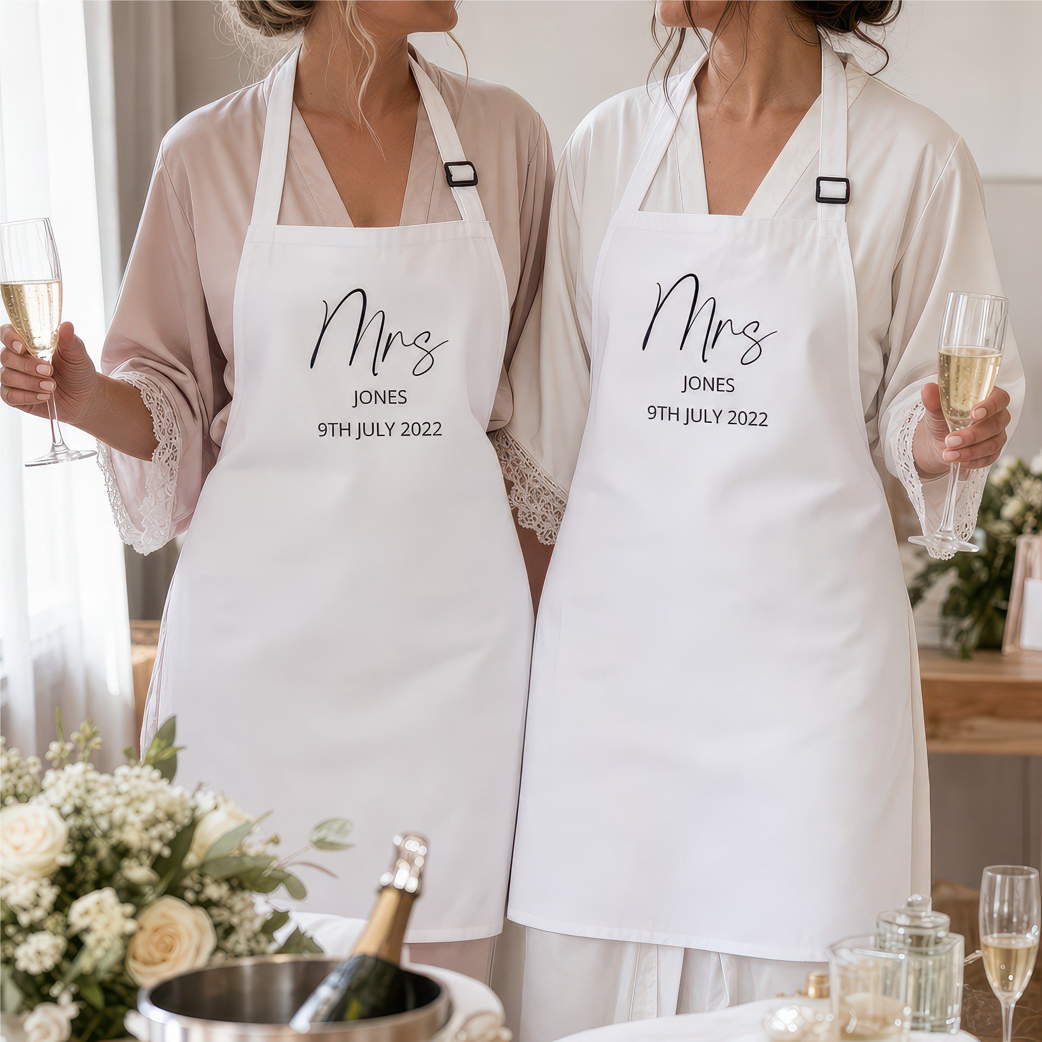 Personalised Mrs and Mrs wedding apron set lifestyle photo, Mr and Mrs design