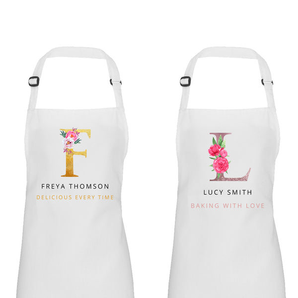Personalised Apron For Women, Floral Initial with Slogan
