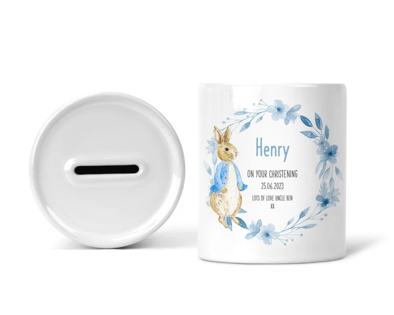 Personalised Christening Money Box, Blue Bunny Wreath