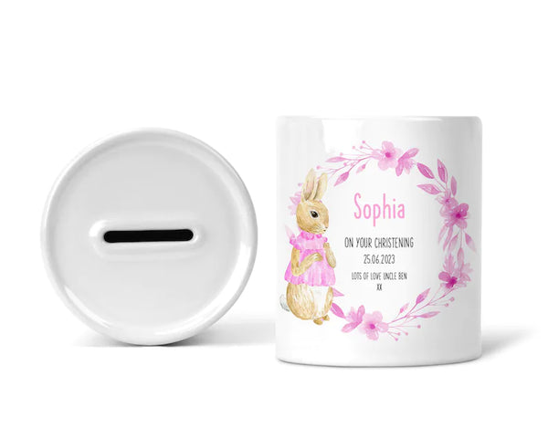 Personalised Christening Money Box, Pink Bunny Wreath