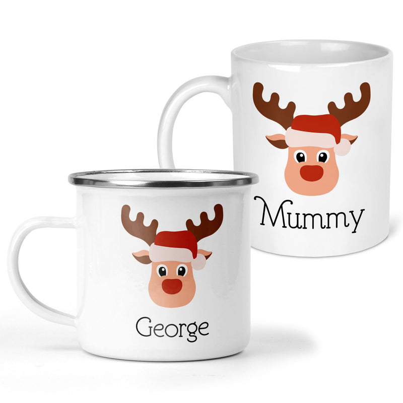 Personalised Christmas Family Mugs with Reindeer & Name