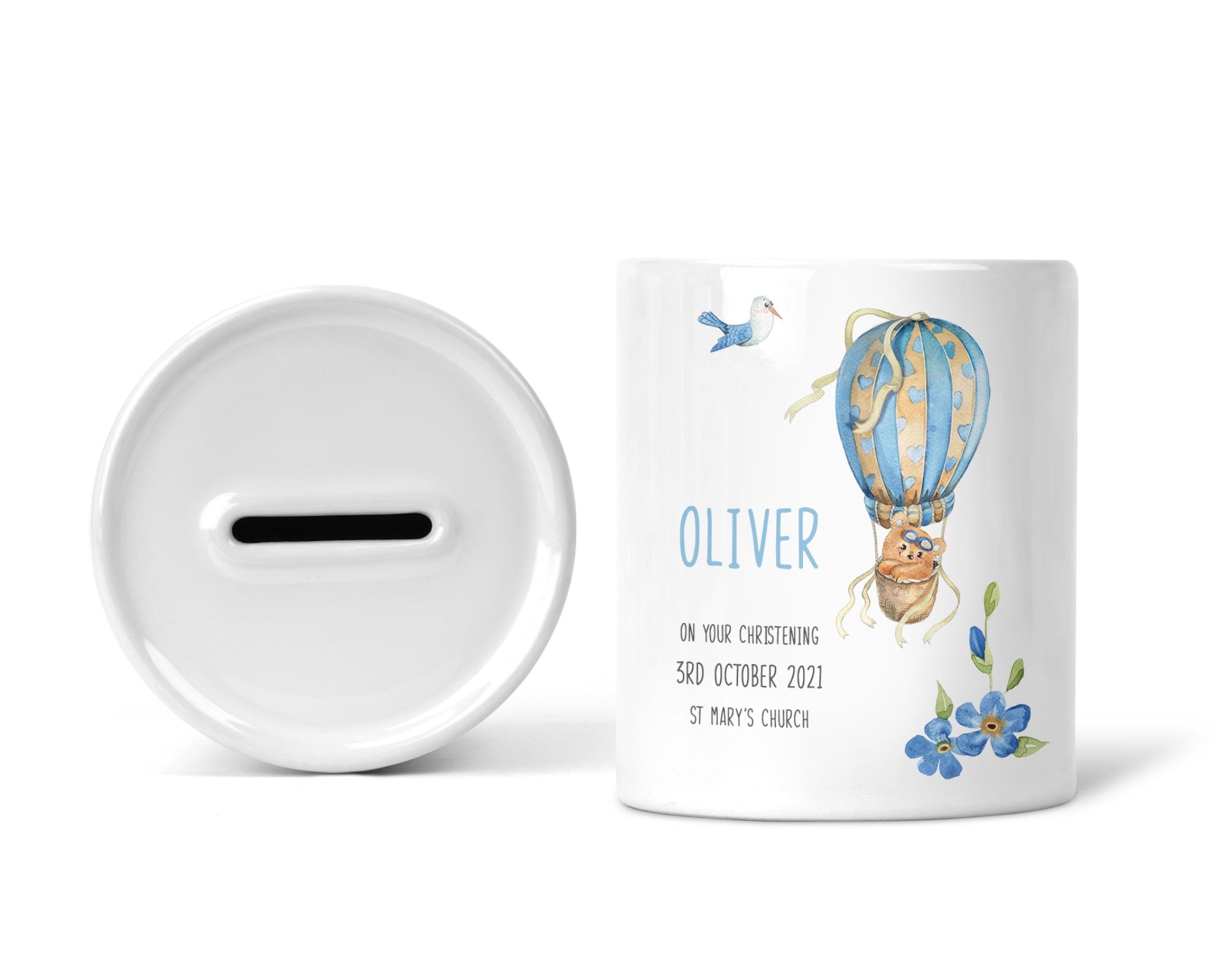 Personalised Christening Money Box, Blue Balloon, Boys - Chicken Craft Ltd