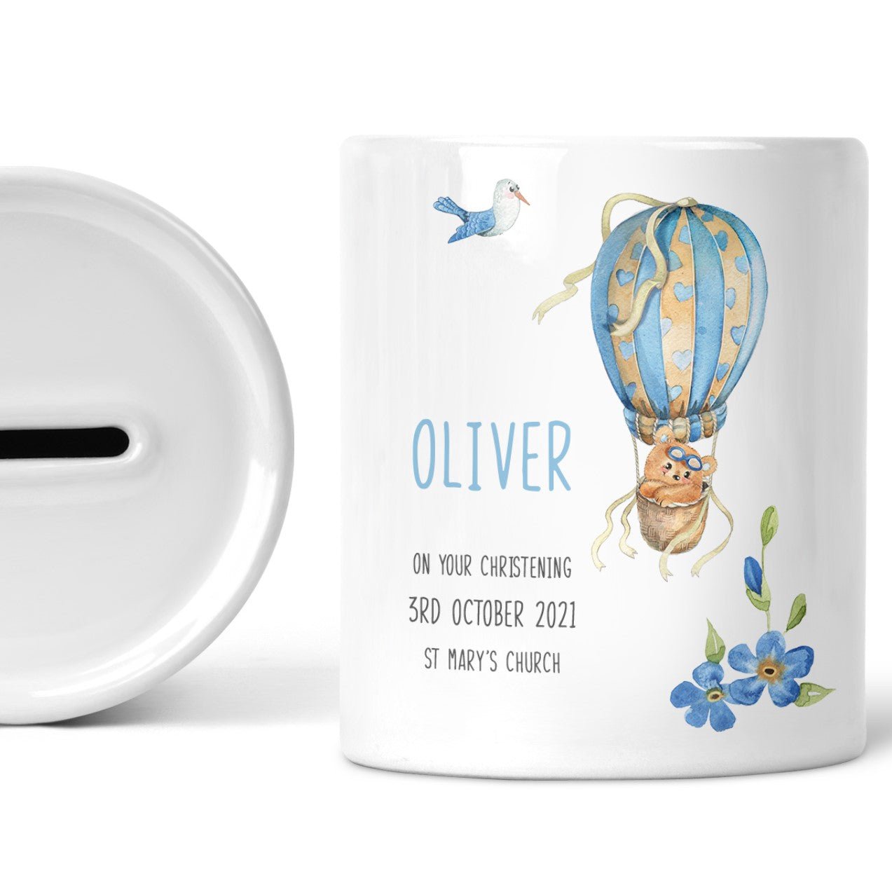 Personalised Christening Money Box, Blue Balloon, Boys - Chicken Craft Ltd