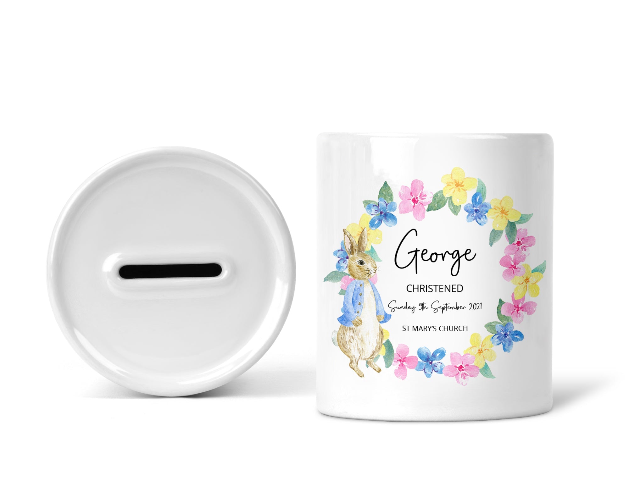 Personalised Christening Money Box, Blue Rabbit, Boys - Chicken Craft Ltd