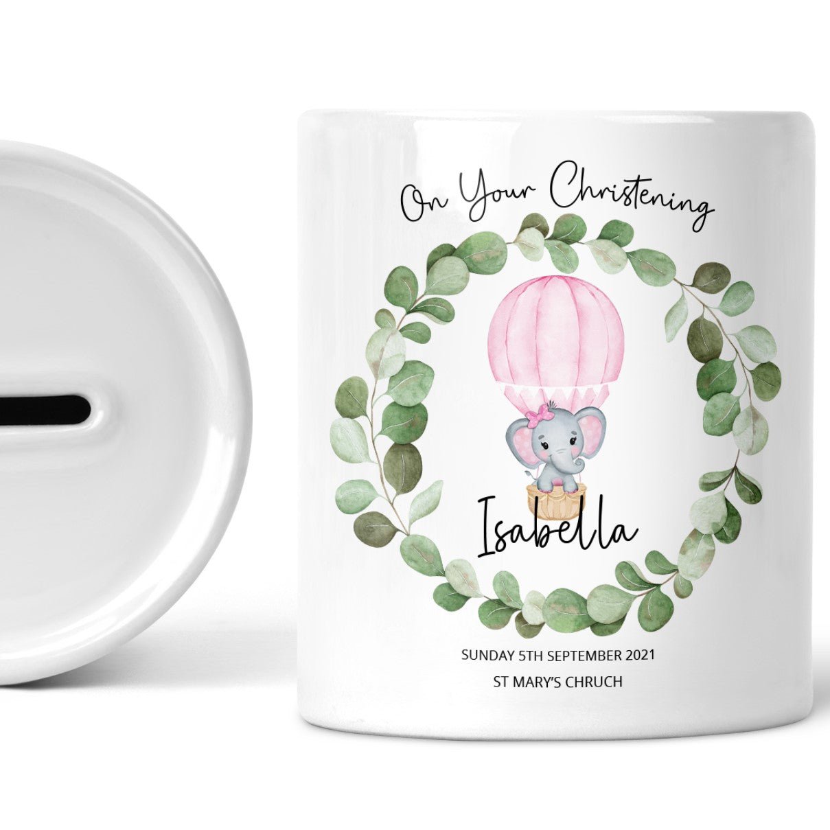 Personalised Christening Money Box, Pink Balloon with Elephant, Girls - Chicken Craft Ltd