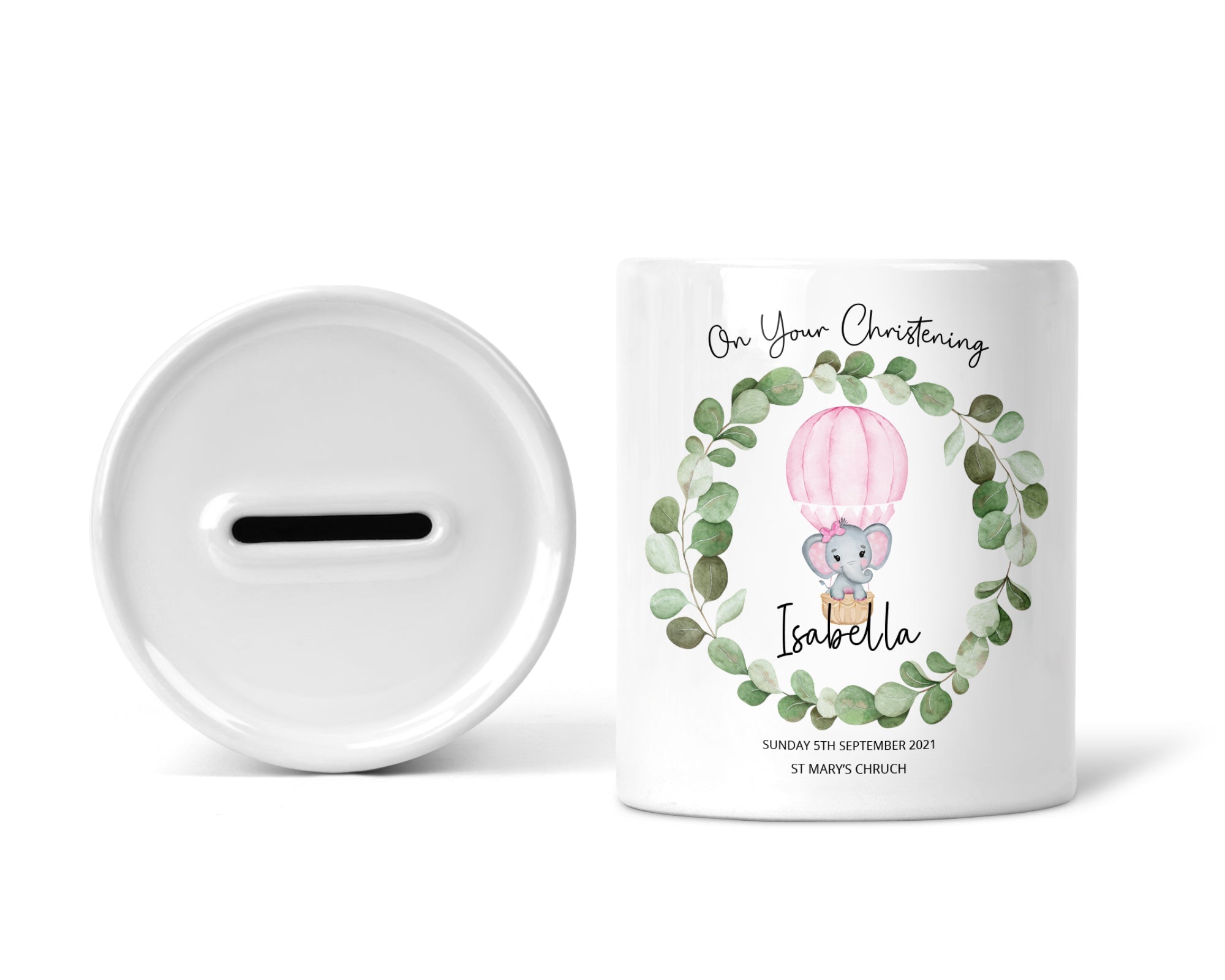Personalised Christening Money Box, Pink Balloon with Elephant, Girls - Chicken Craft Ltd