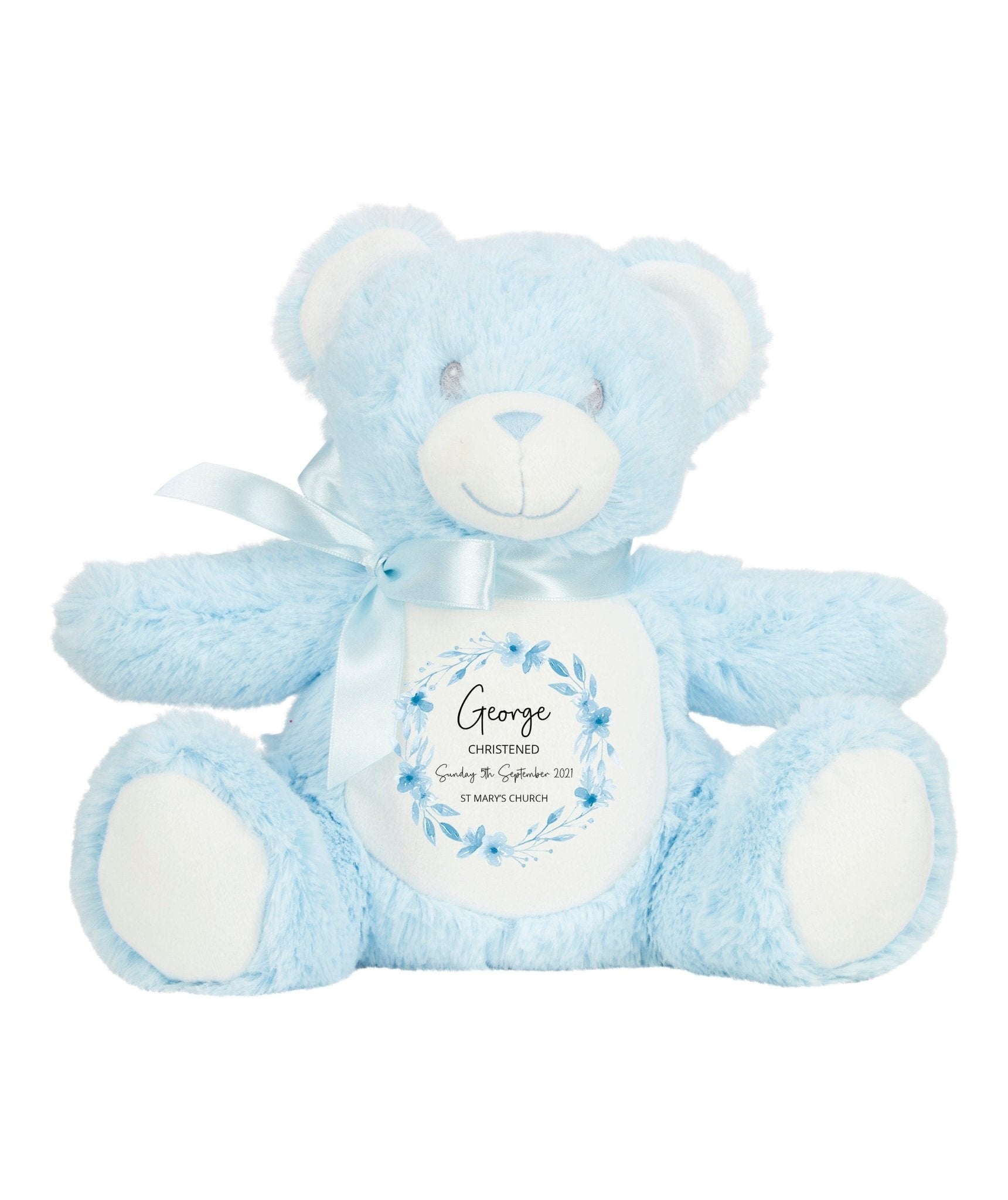 Personalised Christening Teddy - Floral Blue - Chicken Craft Ltd