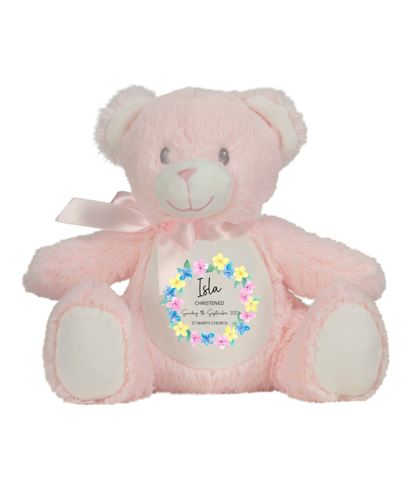 Personalised Christening Teddy - Floral Pink - Chicken Craft Ltd