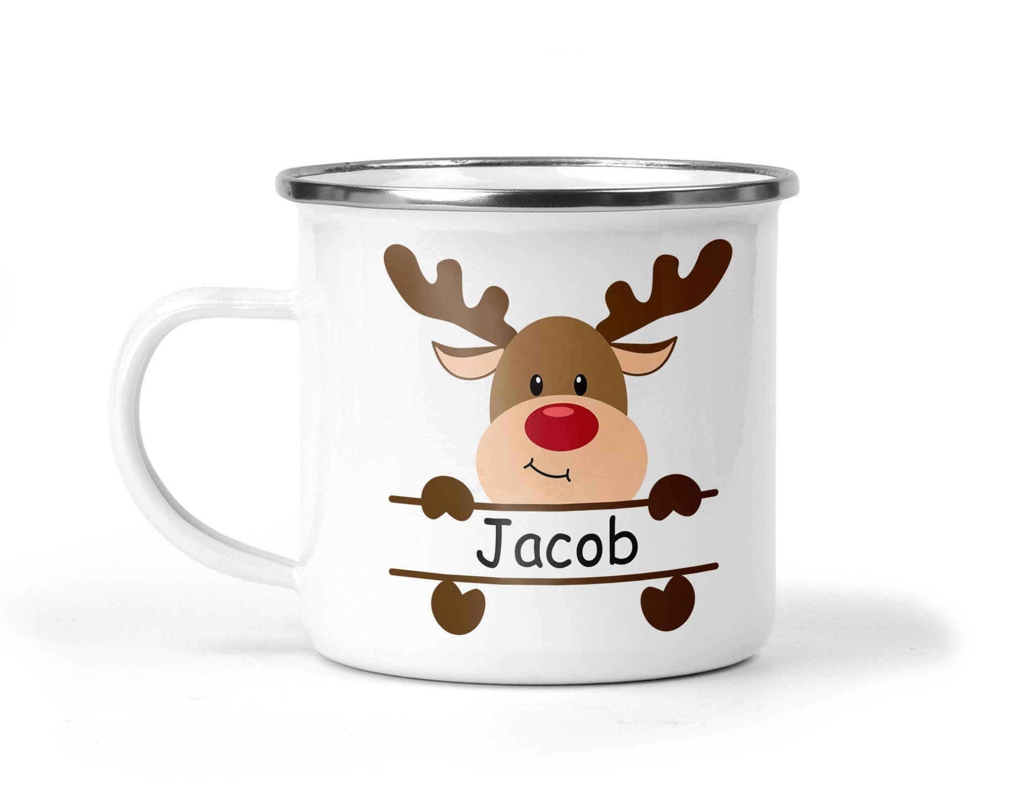 Personalised Reindeer Enamel Mug – Christmas Mug for Kids or Hot Chocolate (12oz) - Chicken Craft Ltd