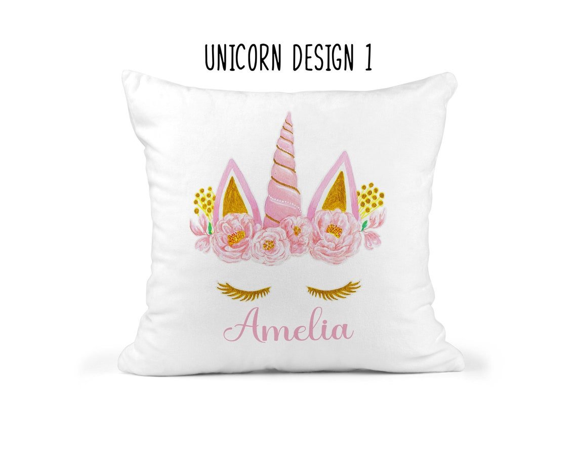 Personalised Unicorn Cushion with Name showing a playful unicorn design detail view