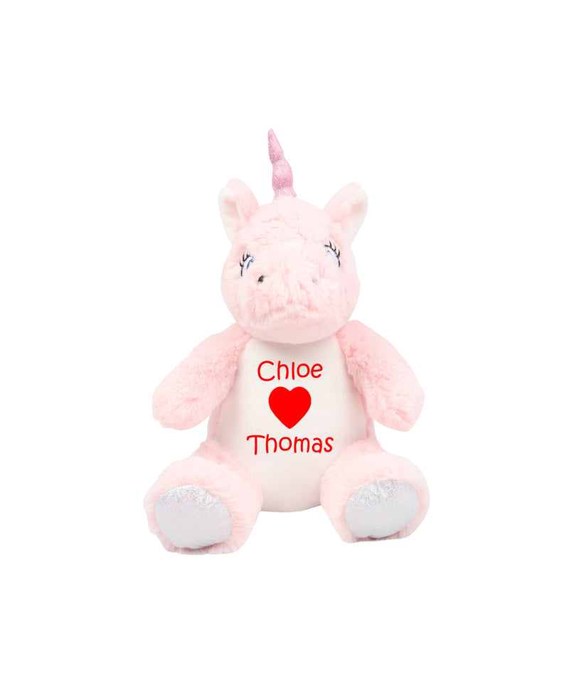 Personalised Unicorn Valentine Soft Toy with Names showing two-name heart